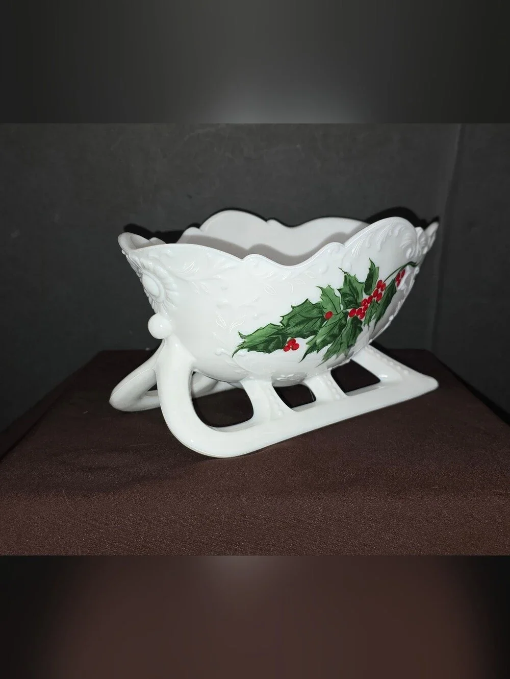 Westmoreland Glass Company hand-painted holly milk glass sleigh